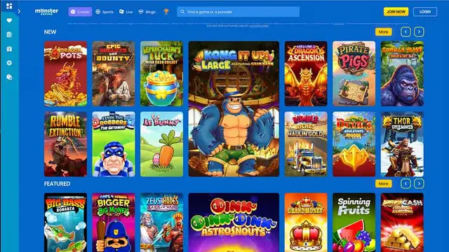 Monster Casino games lobby with New and Featured slot rows