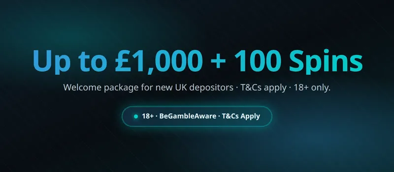 Monster Casino welcome package banner: up to £1,000 + 100 spins